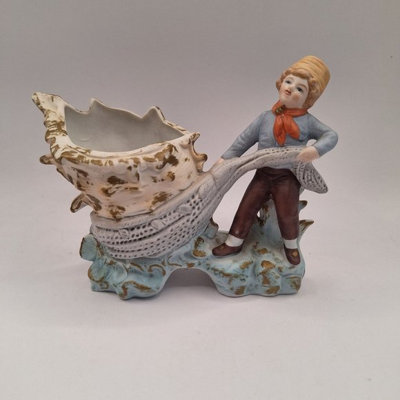 RARE VINTAGE GEROLD PORZELLAN BAVARIA CONCH SHELL IN NET PLANTER WITH BOY - Picture 1 of 10